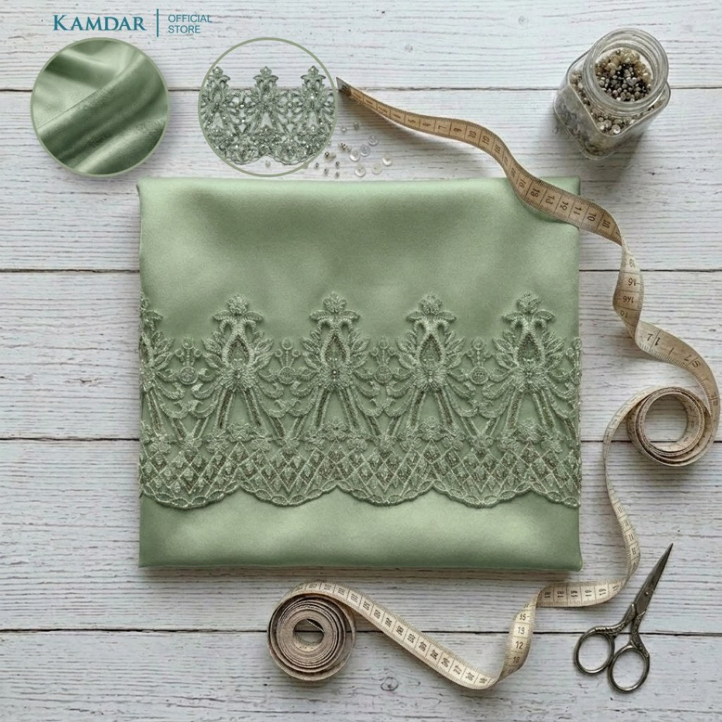 KAMDAR – Bridal Satin & Border Lace Kain Pasang Mix & Match 4M+2M | Satin Premium | Renda Mahkota Mewah