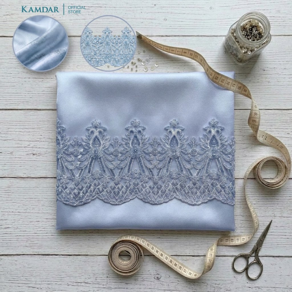 KAMDAR – Bridal Satin & Border Lace Kain Pasang Mix & Match 4M+2M | Satin Premium | Renda Mahkota Mewah