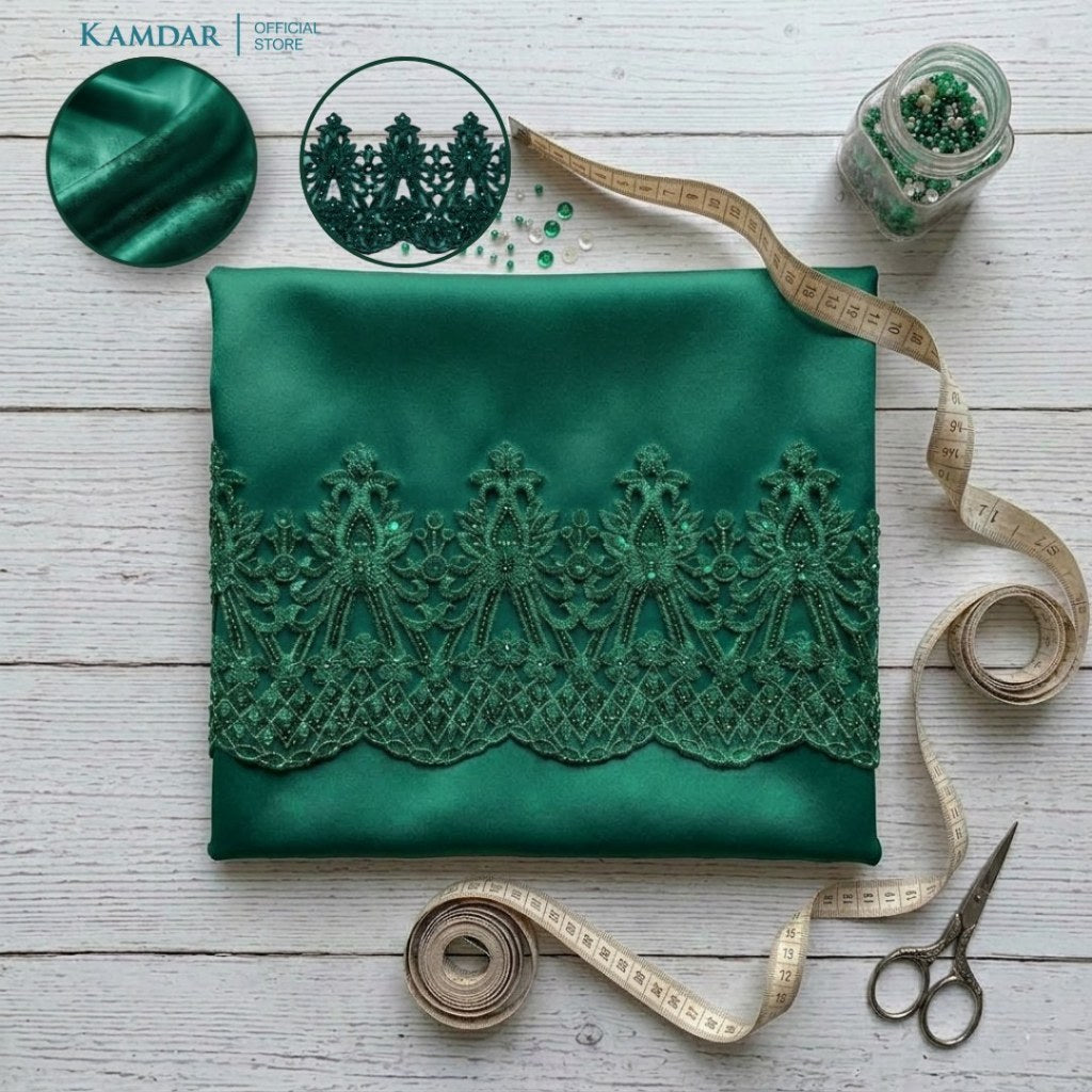 KAMDAR – Bridal Satin & Border Lace Kain Pasang Mix & Match 4M+2M | Satin Premium | Renda Mahkota Mewah