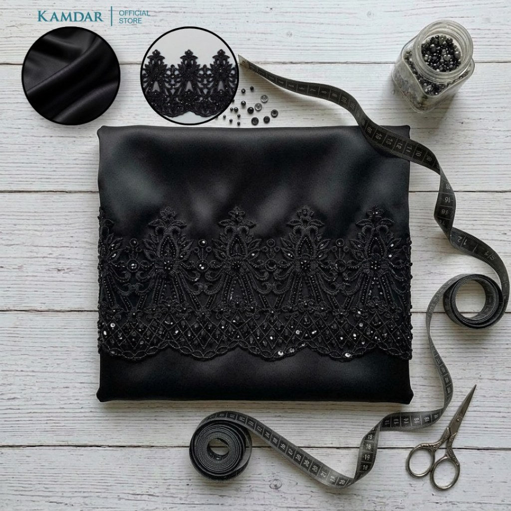 KAMDAR – Bridal Satin & Border Lace Kain Pasang Mix & Match 4M+2M | Satin Premium | Renda Mahkota Mewah