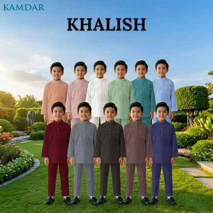 KAMDAR Khalish Modern Cekak Musang Baju Melayu Budak Lelaki Kain Cotton Free Butang