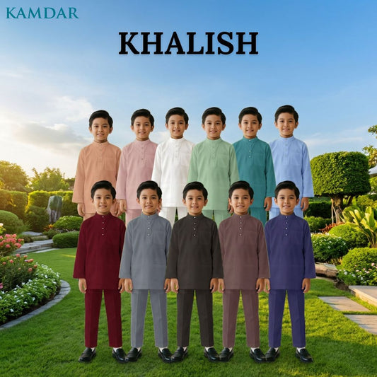 KAMDAR Khalish Modern Cekak Musang Baju Melayu Budak Lelaki Kain Cotton Free Butang