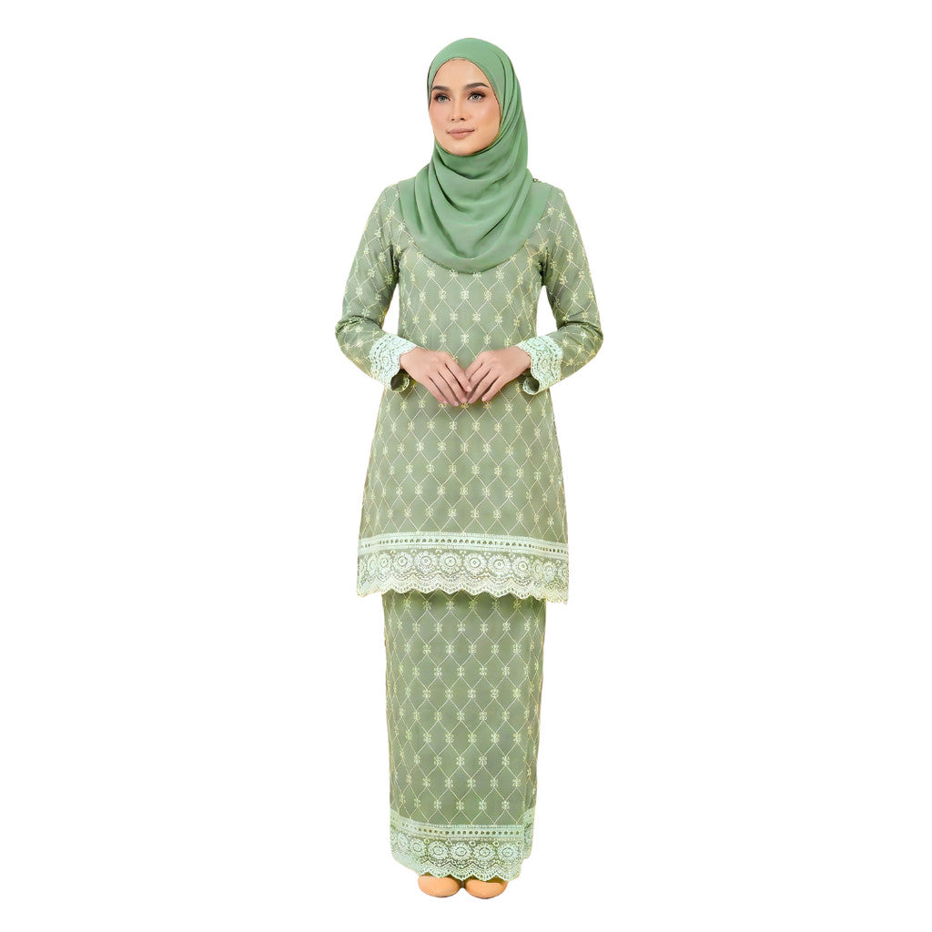 KAMDAR Nayara Kurung Modern Riau Cotton • White Embroidery • Full Elastic • S–2XL