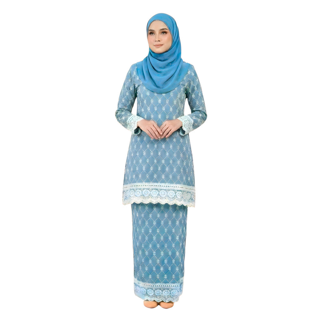 KAMDAR Nayara Kurung Modern Riau Cotton • White Embroidery • Full Elastic • S–2XL