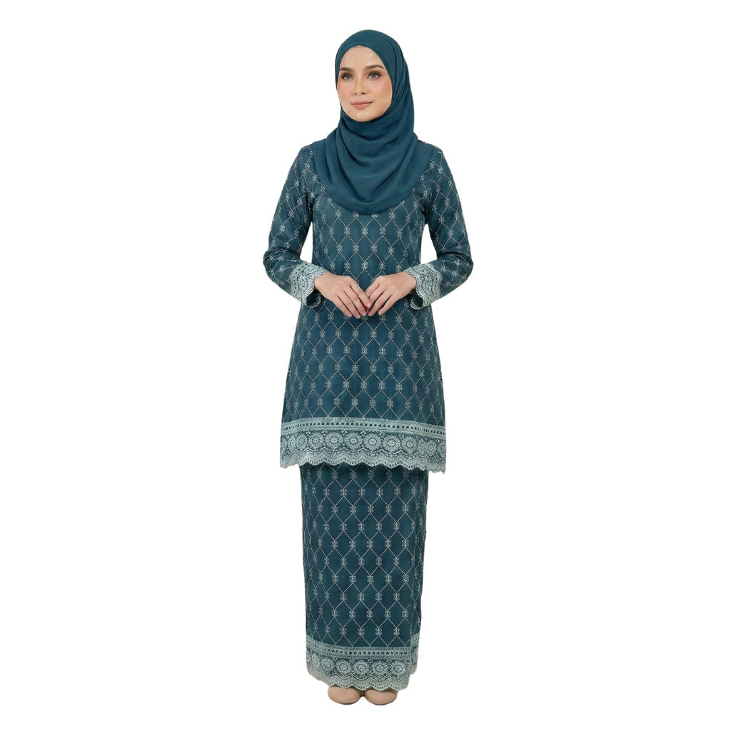 KAMDAR Nayara Kurung Modern Riau Cotton • White Embroidery • Full Elastic • S–2XL
