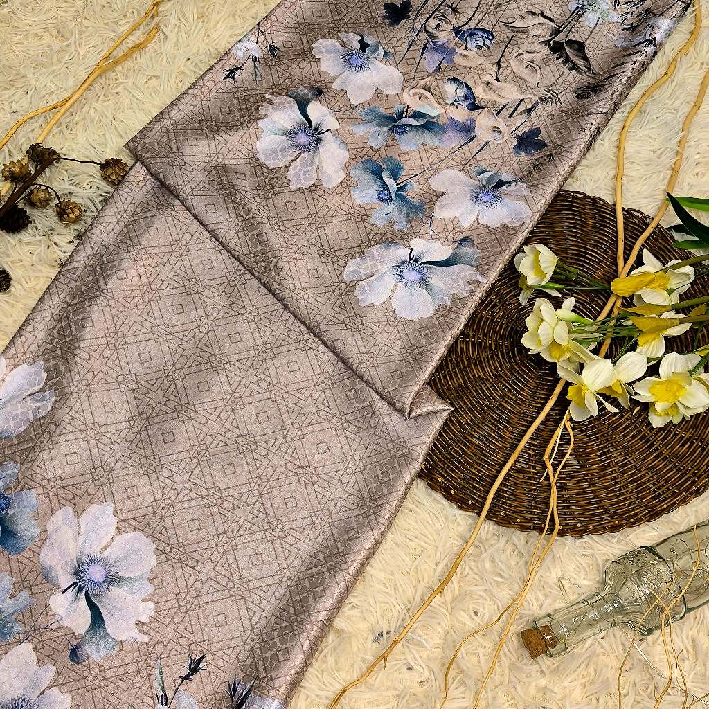 KAMDAR – Ivory Satin Digital Prints | Bunga Magnolia | Corak Digital Moden