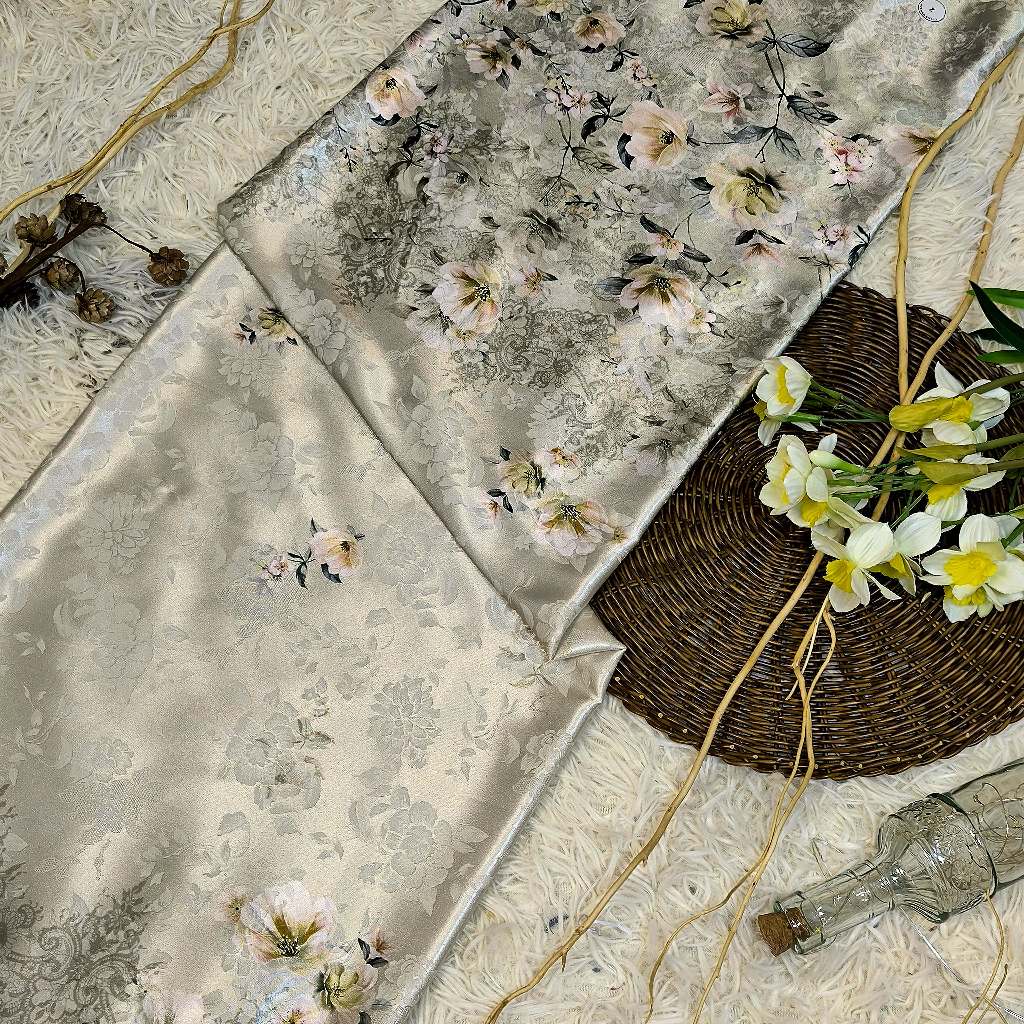 KAMDAR – Ivory Satin Digital Prints | Bunga Magnolia | Corak Digital Moden