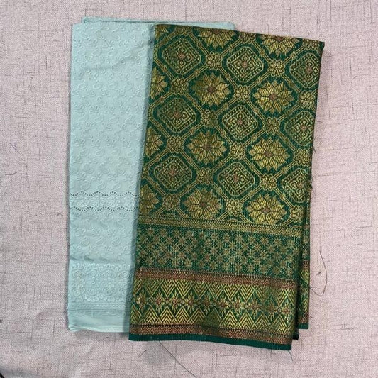 KAMDAR Combo Set Cotton Eyelet Pastel Cambric 44" Embroidery + Songket Metallic