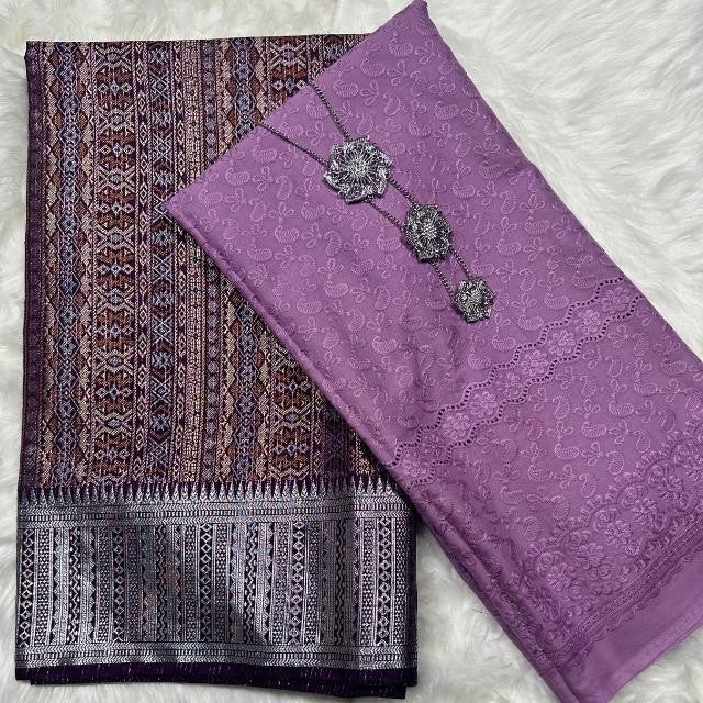 KAMDAR Combo Set Cotton Eyelet Pastel Cambric 44" Embroidery + Songket Metallic