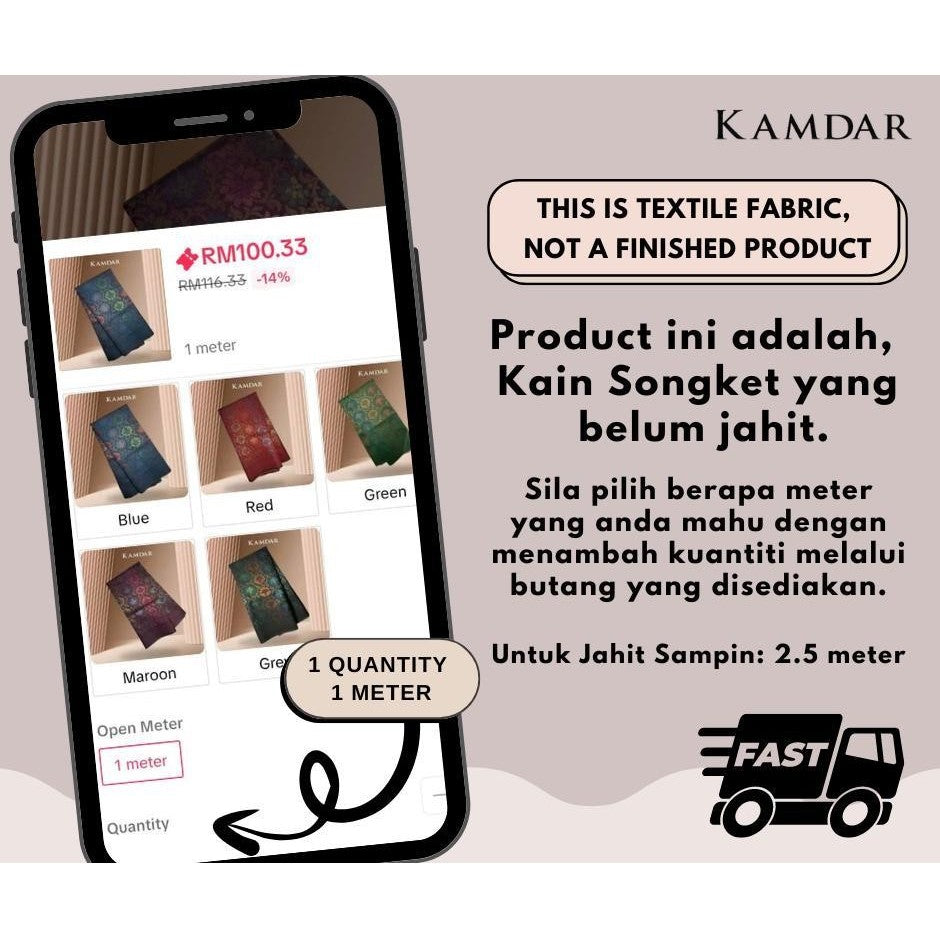 KAMDAR Songket Metallic Bintang Timur Bidang 44" Open Meter (Kain Ela) - Ironless & Tak Jarang