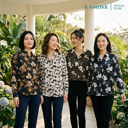 KAMDAR Sereniti Eksklusif Blouse Wanita | Baju Blouse Wanita Poly Satin Floral Leher Kolar | Saiz 48-54 Plus Size