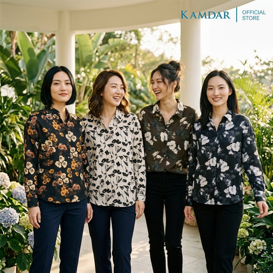 KAMDAR Sereniti Eksklusif Blouse Wanita | Baju Blouse Wanita Poly Satin Floral Leher Kolar | Saiz 48-54 Plus Size