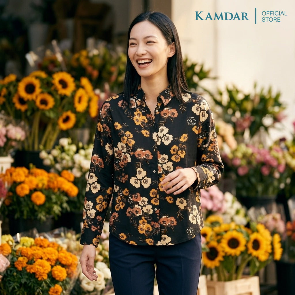 KAMDAR Sereniti Eksklusif Blouse Wanita | Baju Blouse Wanita Poly Satin Floral Leher Kolar | Saiz 48-54 Plus Size