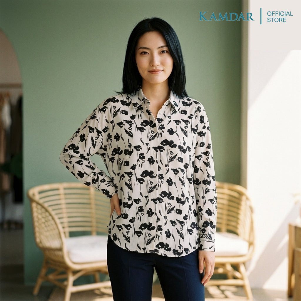 KAMDAR Sereniti Eksklusif Blouse Wanita | Baju Blouse Wanita Poly Satin Floral Leher Kolar | Saiz 48-54 Plus Size