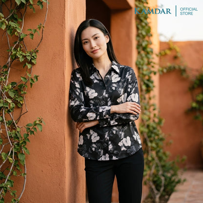 KAMDAR Sereniti Eksklusif Blouse Wanita | Baju Blouse Wanita Poly Satin Floral Leher Kolar | Saiz 48-54 Plus Size