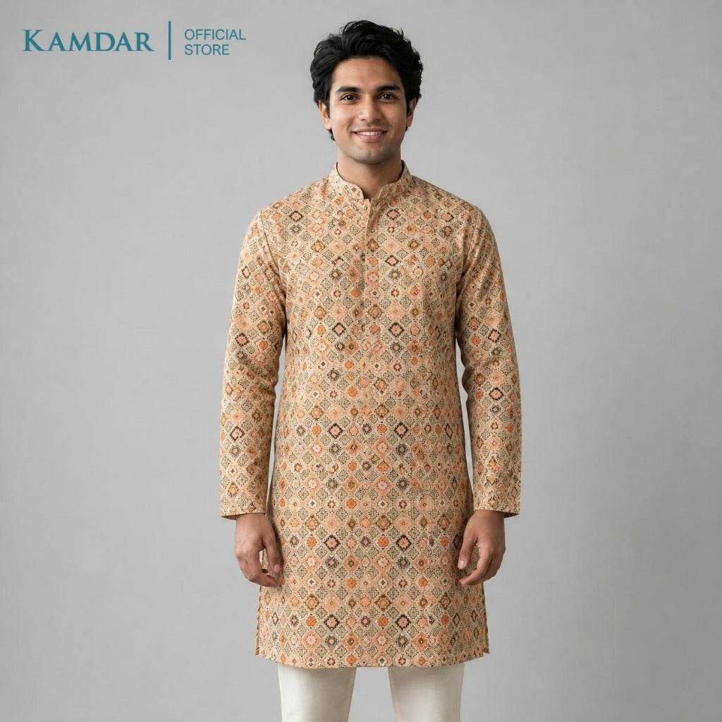 KAMDAR – Baju Kurta Panjang Lelaki Corak Berlian Geometrik | Baju Deepavali Eksklusif