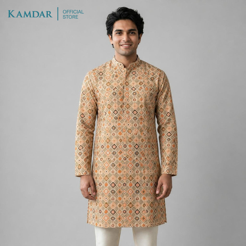 KAMDAR – Baju Kurta Panjang Lelaki Corak Berlian Geometrik | Baju Deepavali Eksklusif