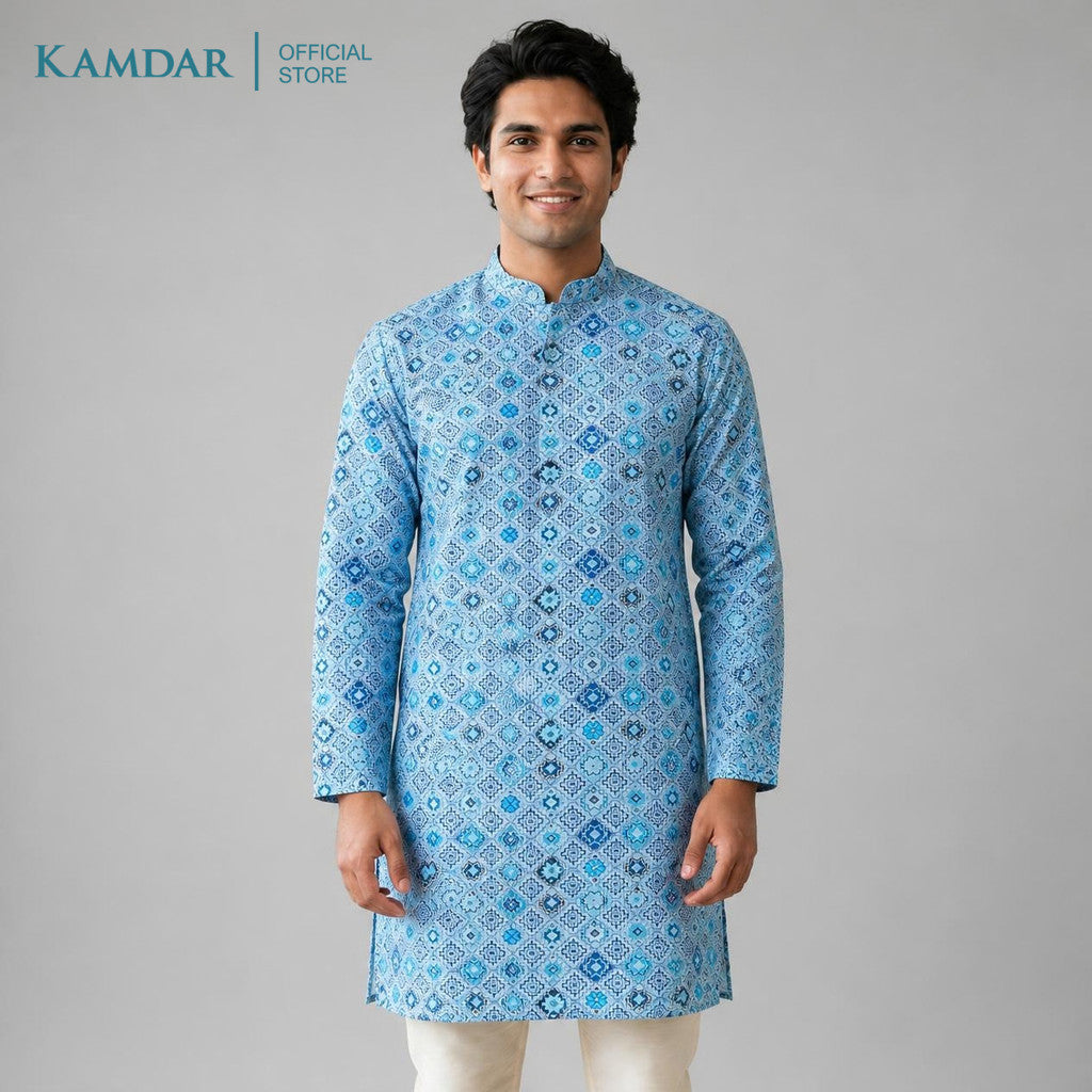 KAMDAR – Baju Kurta Panjang Lelaki Corak Berlian Geometrik | Baju Deepavali Eksklusif