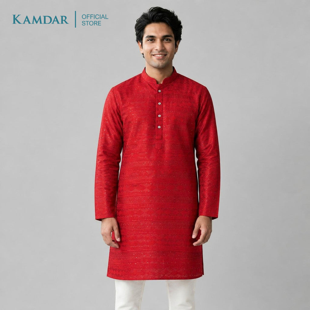 KAMDAR – Baju Kurta Panjang Lelaki Corak Chikan Bersequin | Baju Deepavali Berkilauan