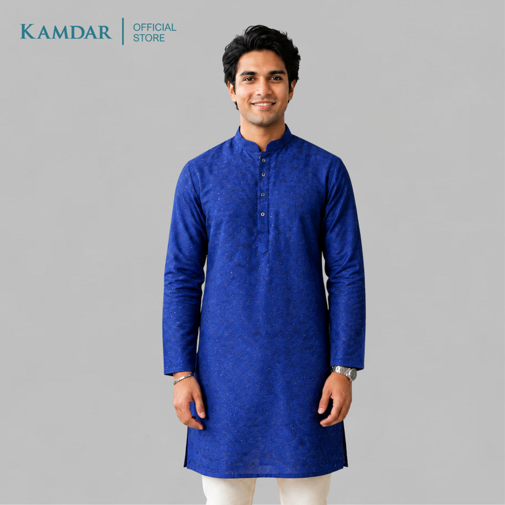 KAMDAR – Baju Kurta Panjang Lelaki Corak Chikan Bersequin | Baju Deepavali Berkilauan