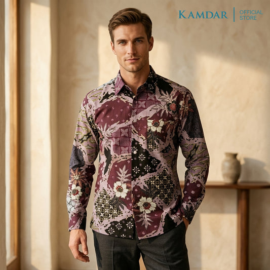 KAMDAR Batik Wira Men Long Sleeve Shirt | 100% Cotton Batik | Comfort Fit Baju Kemeja Batik Lelaki