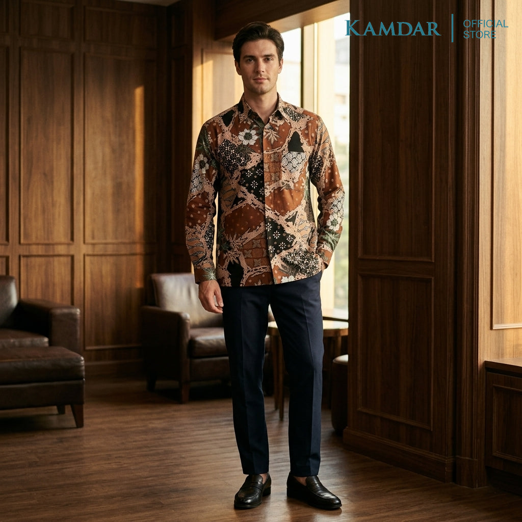 KAMDAR Batik Wira Men Long Sleeve Shirt | 100% Cotton Batik | Comfort Fit Baju Kemeja Batik Lelaki