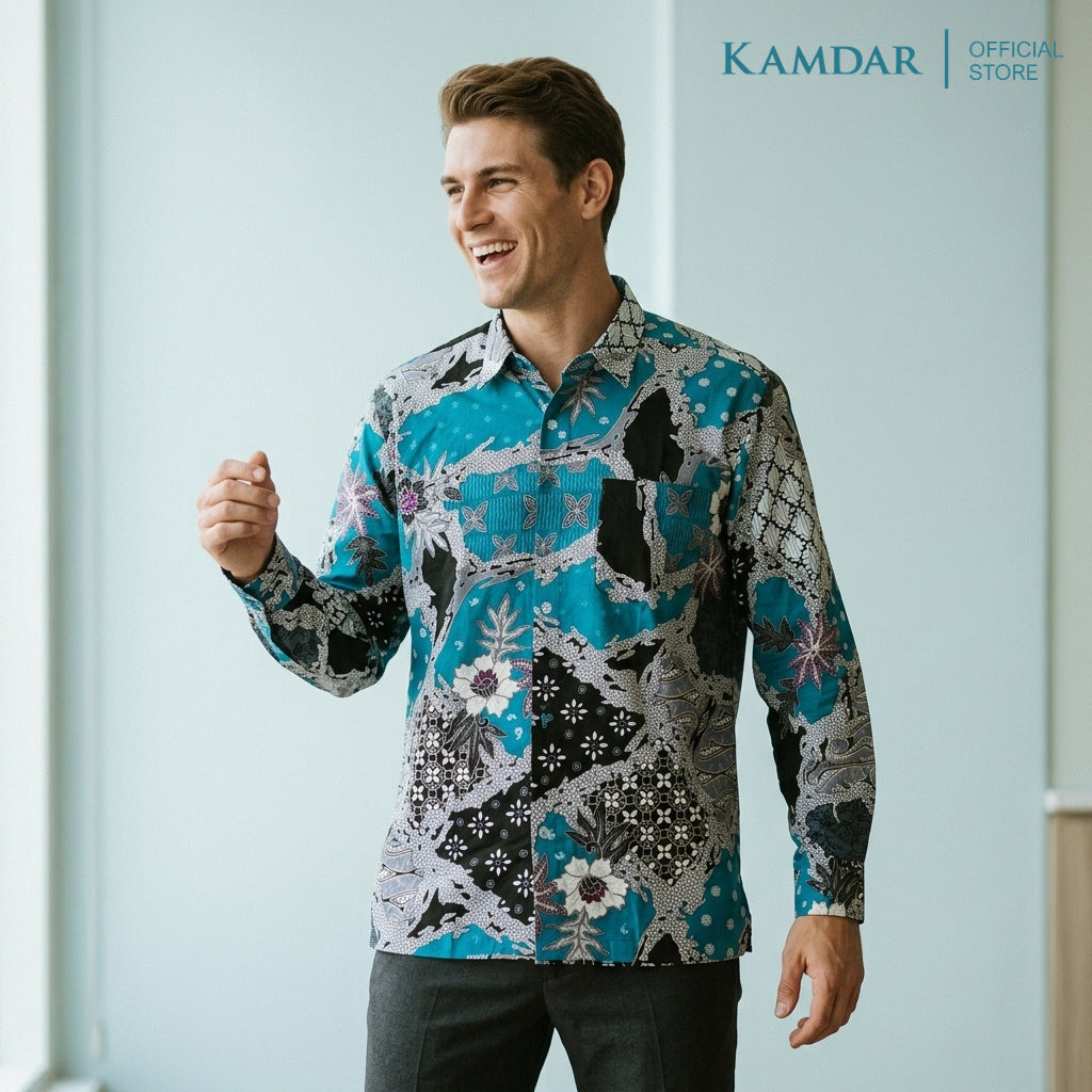 KAMDAR Batik Wira Men Long Sleeve Shirt | 100% Cotton Batik | Comfort Fit Baju Kemeja Batik Lelaki