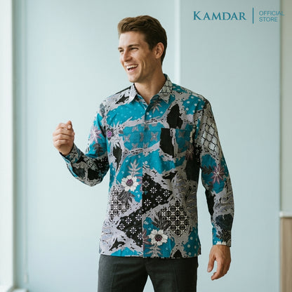 KAMDAR Batik Wira Men Long Sleeve Shirt | 100% Cotton Batik | Comfort Fit Baju Kemeja Batik Lelaki