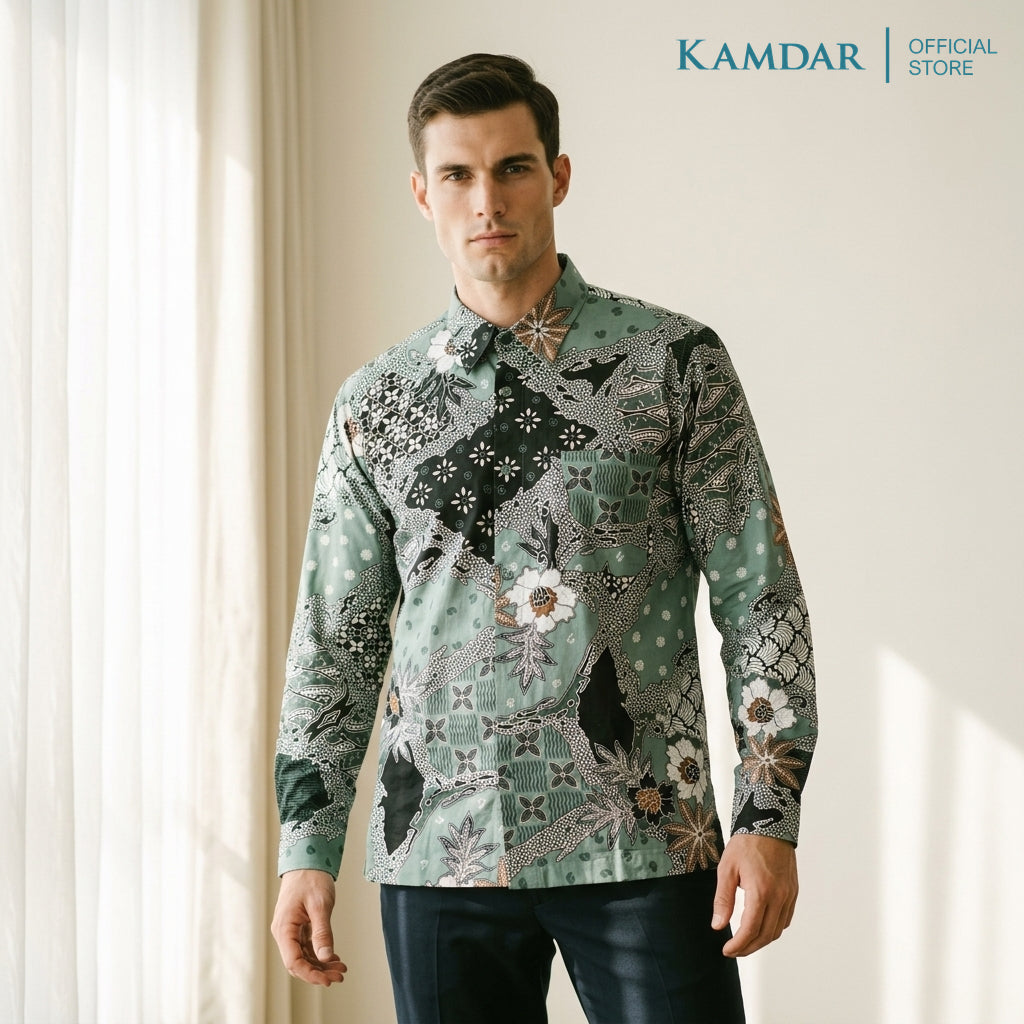 KAMDAR Batik Wira Men Long Sleeve Shirt | 100% Cotton Batik | Comfort Fit Baju Kemeja Batik Lelaki