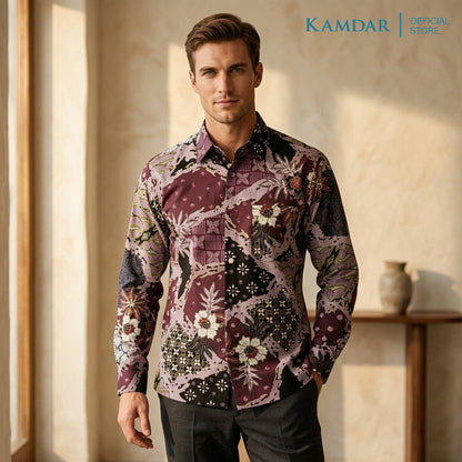 KAMDAR Batik Wira Men Long Sleeve Shirt | 100% Cotton Batik | Comfort Fit Baju Kemeja Batik Lelaki