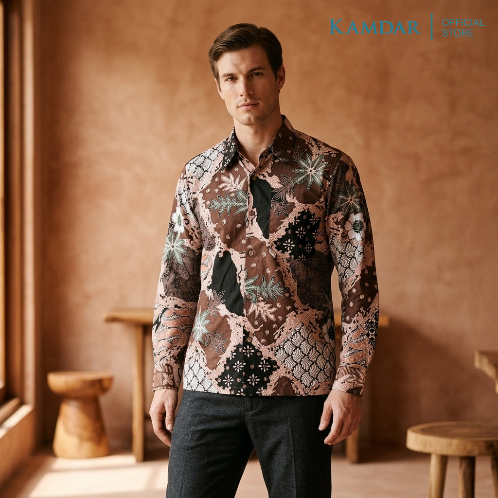 KAMDAR Batik Wira Men Long Sleeve Shirt | 100% Cotton Batik | Comfort Fit Baju Kemeja Batik Lelaki