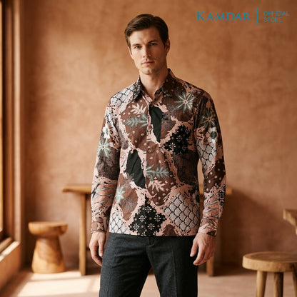 KAMDAR Batik Wira Men Long Sleeve Shirt | 100% Cotton Batik | Comfort Fit Baju Kemeja Batik Lelaki