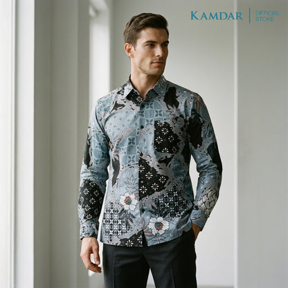 KAMDAR Batik Wira Men Long Sleeve Shirt | 100% Cotton Batik | Comfort Fit Baju Kemeja Batik Lelaki