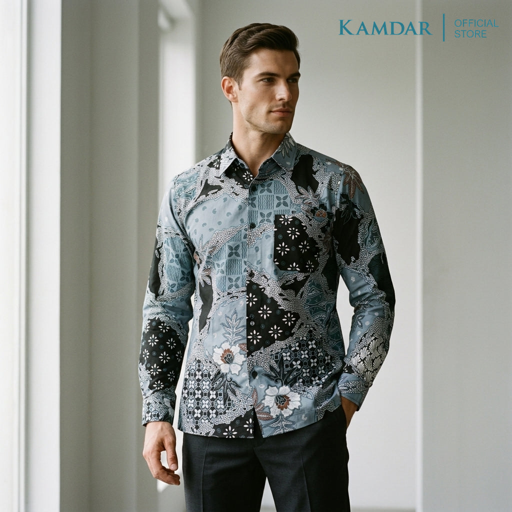 KAMDAR Batik Wira Men Long Sleeve Shirt | 100% Cotton Batik | Comfort Fit Baju Kemeja Batik Lelaki