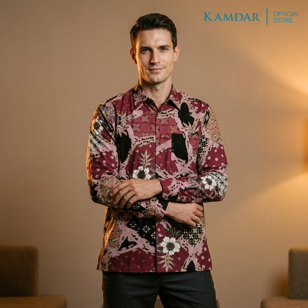 KAMDAR Batik Wira Men Long Sleeve Shirt | 100% Cotton Batik | Comfort Fit Baju Kemeja Batik Lelaki
