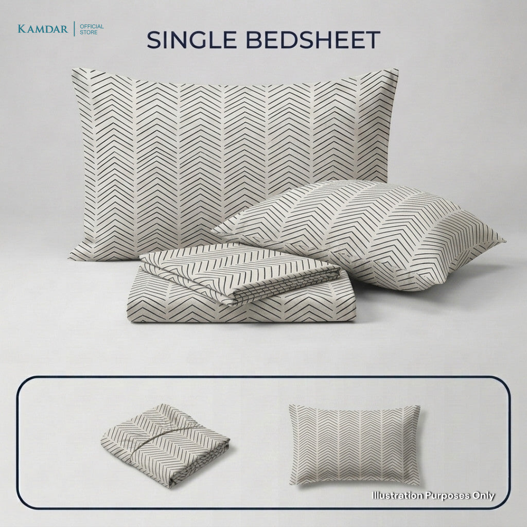 KAMDAR – Set Cadar + Sarung Bantal + Sarung Bantal Peluk (Queen/King) | Printed 250TC | 100% Cotton | Kontemporari