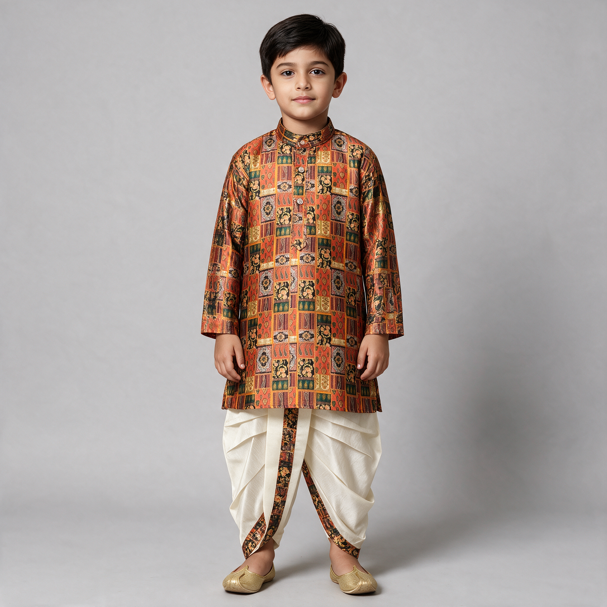 Boys' Digital Print Kurta Dhoti Set - Orange