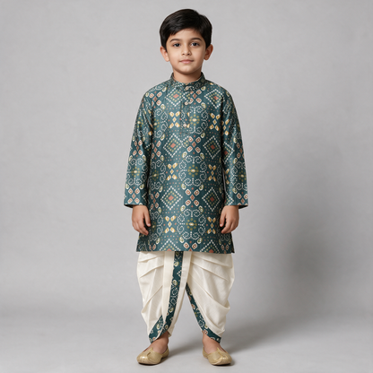Boys' Digital Print Kurta Dhoti Set - Green