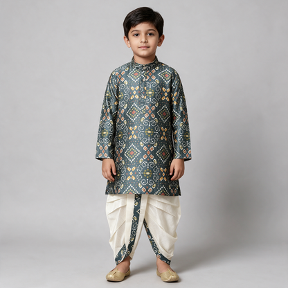 Boys' Digital Print Kurta Dhoti Set - Blue