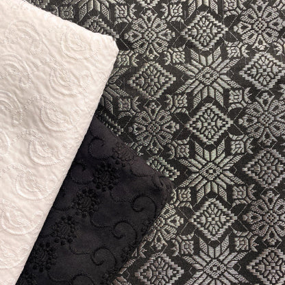 Black and White Cotton Eyelet with Metallic Songket