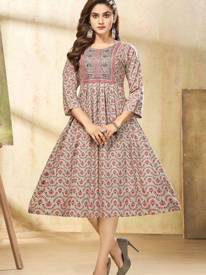 KAMDAR Shilpa Heavy Rayon Print dengan Sulaman Atasan Kurti Pakaian Wanita Sedia Buatan untuk Deepavali Fesyen Mampu Milik, Kasual, Trendi Saiz Plus Dusty Pink