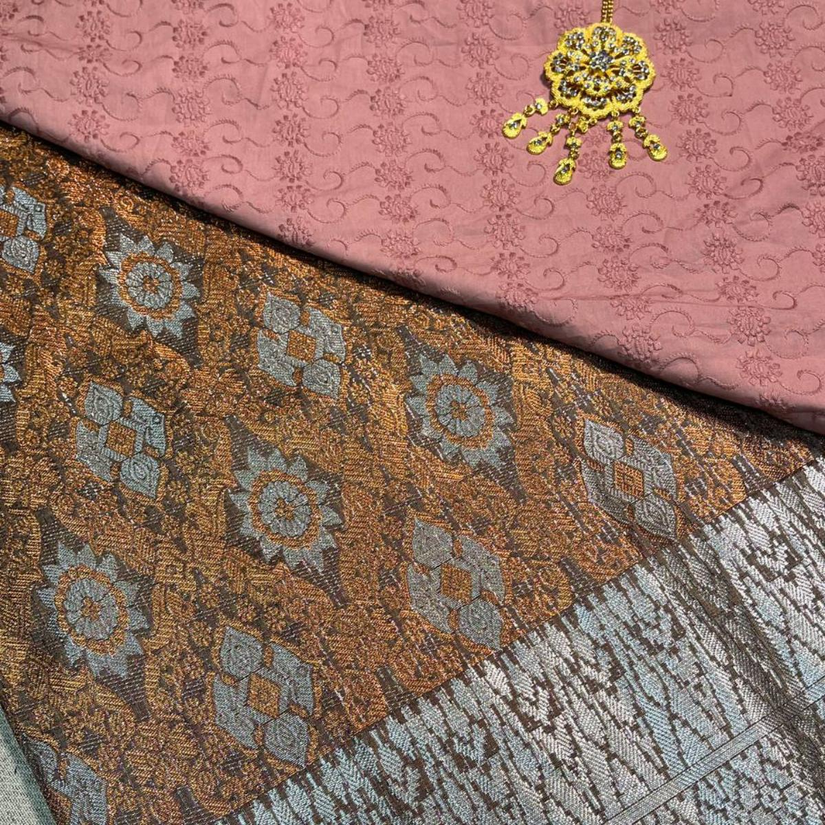 Orange Songket with Mix Cotton Embroidery Combo Set
