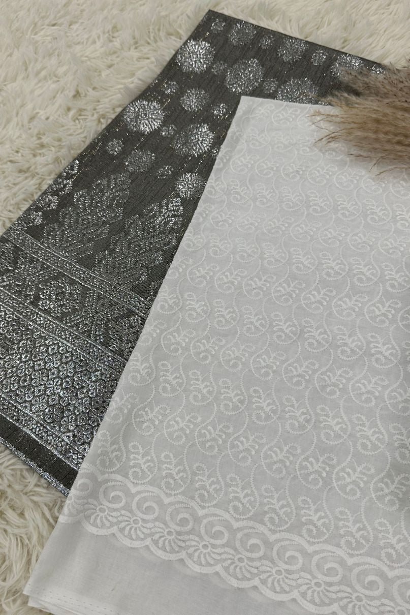 Songket with Cotton Embroidery - White Theme