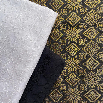 Black and White Cotton Eyelet with Metallic Songket