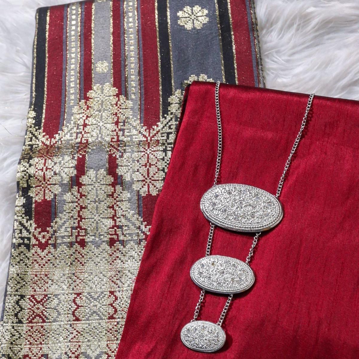 Big Border Stripe Songket with Plain Taffeta Satin Combo Set