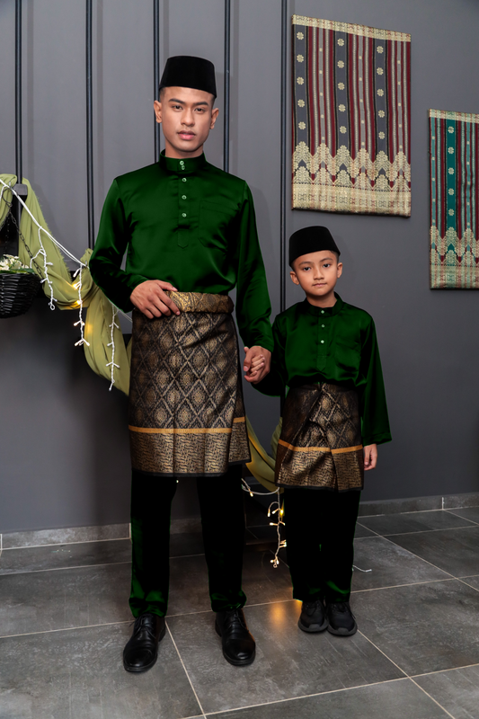 Aryan Cekak Musang Bapa & Anak Moden Fit - Hijau Zamrud Gelap Baju Melayu
