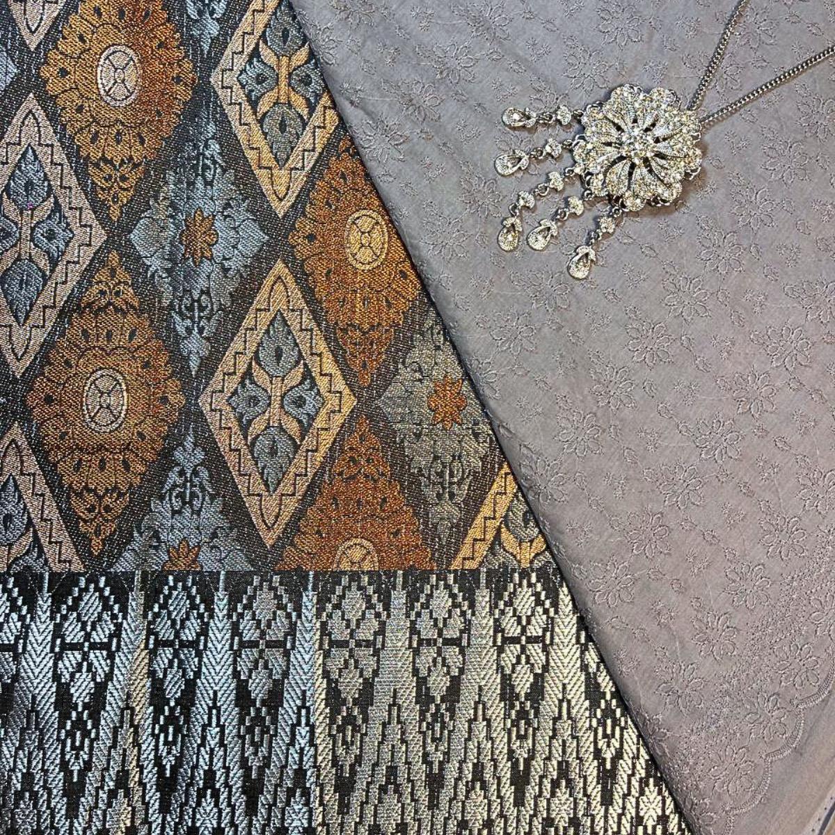 Songket Orange Diamond + Mix Cotton Embroidery Combo Set/Open Meter Contemporary Moden Raya Kain Pasang Moden Terbaru 2024 Style Murah Aesthetic Stylish Kain Sampin Pastel Bell