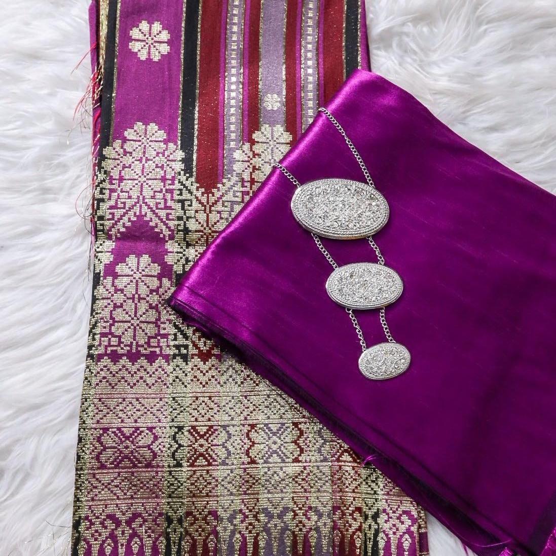 Big Border Stripe Songket with Plain Taffeta Satin Combo Set