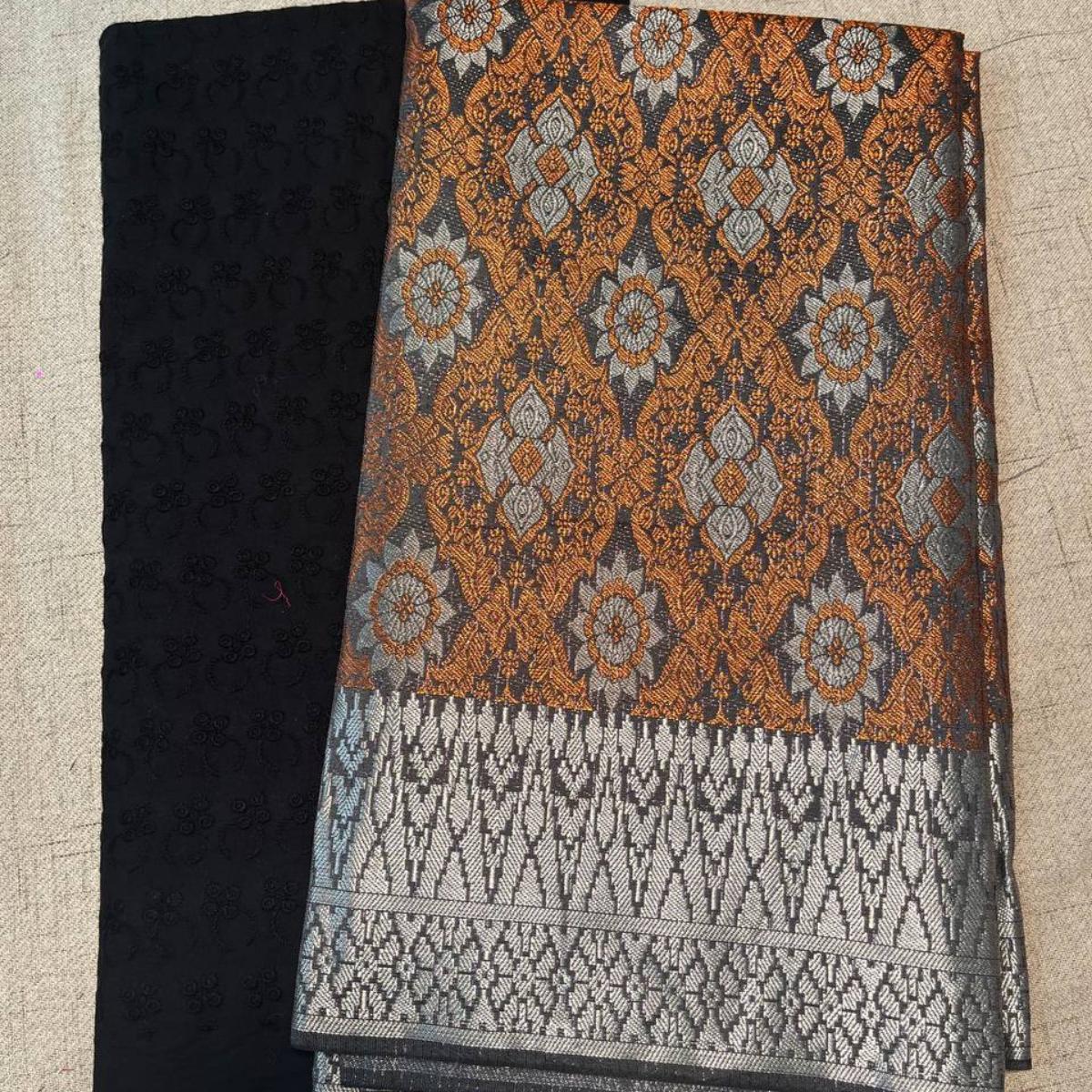 Orange Songket with Mix Cotton Embroidery Combo Set