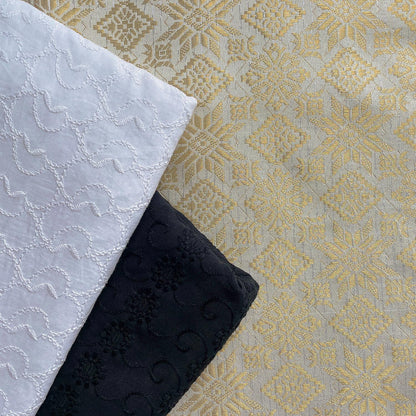 Black and White Cotton Eyelet with Metallic Songket